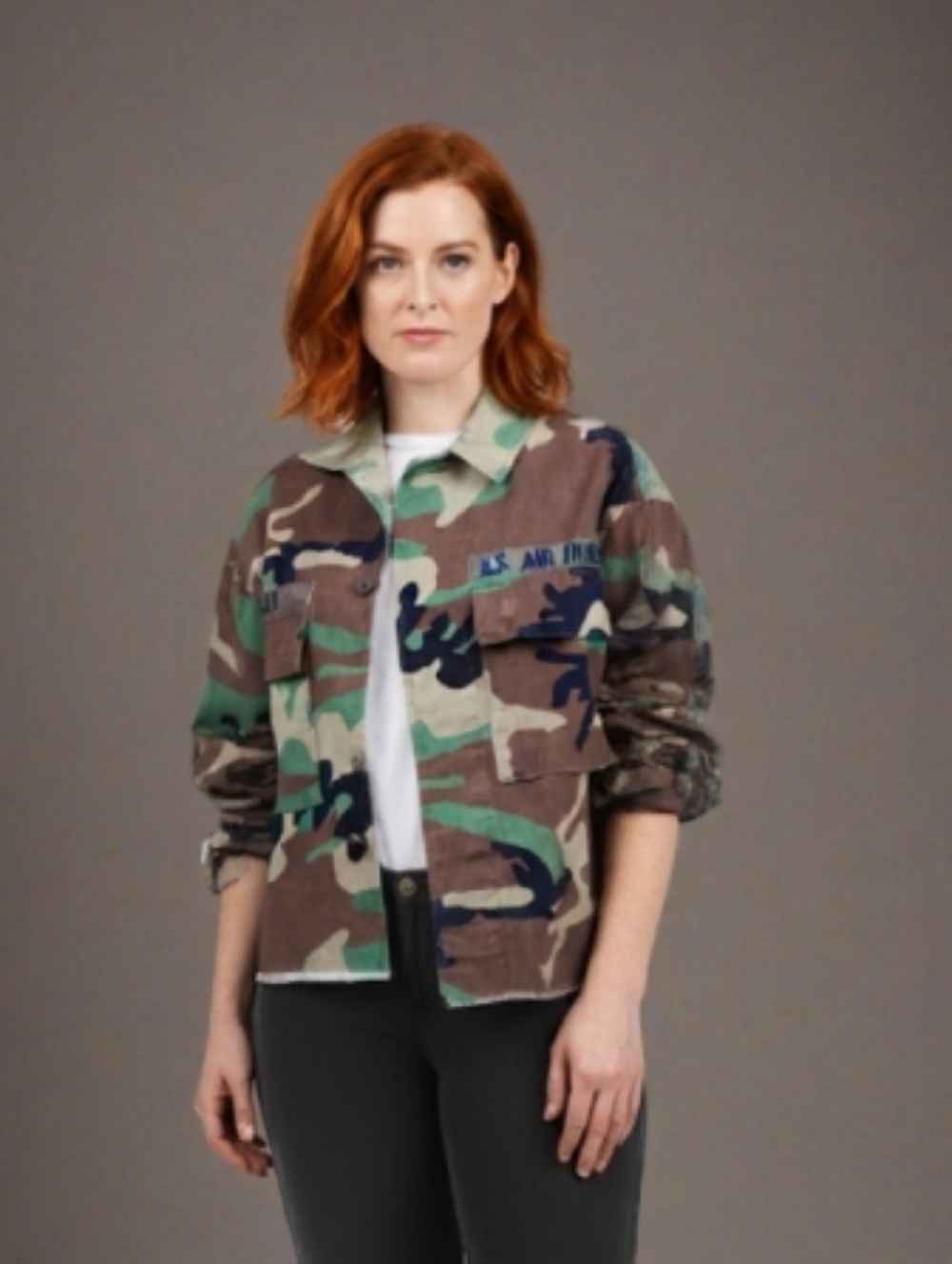 Vintage Camo Air Force Cropped Jacket Long Sleeve Button up Shirt Size Small